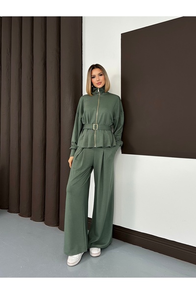 LE CARAMBOLE Women's Khaki Belt Detailed Zippered Mock Neck Piece Set