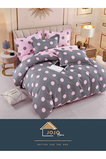 JOJO HOME Σετ κλινοσκεπασμάτων, λεπτό βαμβάκι, με λάστιχο, 6 τεμάχια, 180x200cm, Ροζ/Γκρι με πουά