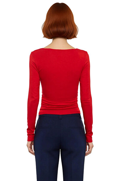 PayBuy Women's Fitted Viscose Ribbed Boat Neck Low Sleeve Ruched Detail Long Sleeve Knitted Blouse for Daily Wear