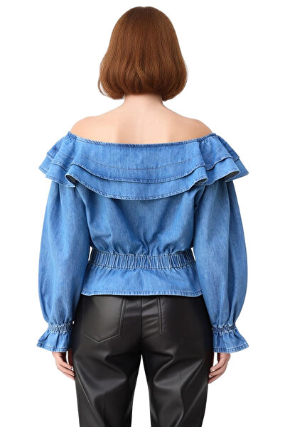PayBuy Women's Carmen Collar Ruffled Denim Blouse Stylish and Comfortable Casual Style Quality Stylish Comfortable Modern Elegant