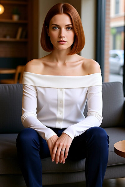 PayBuy Women's Carmen Collar Buttoned Corded Fabric Long Sleeve Stretchy Knitted Quality Stylish Comfortable Modern Elegant