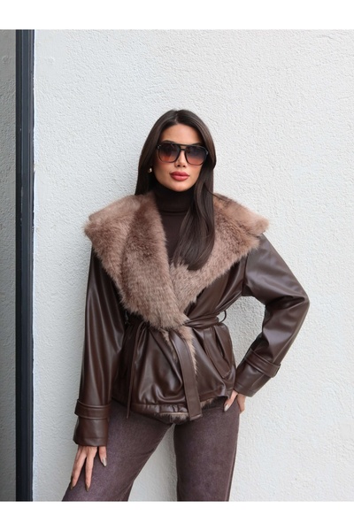 ESRAHELVACI Шкіряна куртка з хутряним коміром і поясом