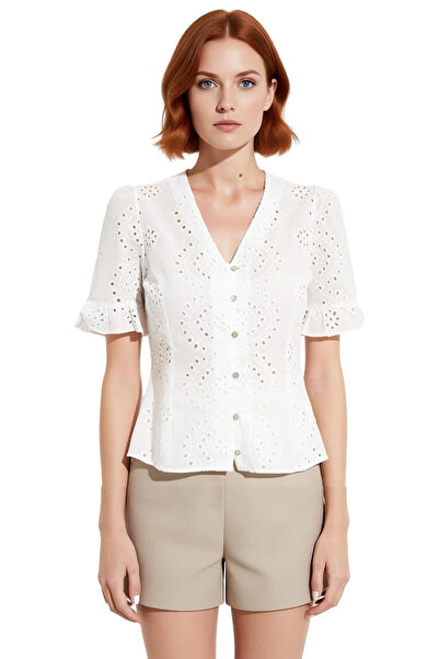 PayBuy Brodeli V-подібний комір, короткі рукави, бавовняна блузка, повсякденна елегантність, преміум-якість, ідеальна посадка