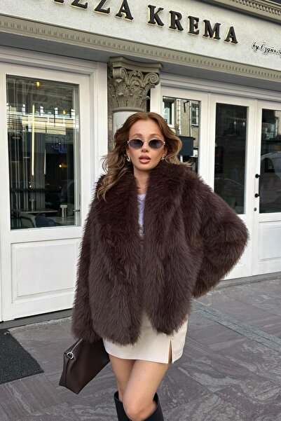 BERİ BUTİK Дамско кафяво палто от изкуствена кожа