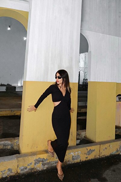 Roselenda فستان ألينا النسائي الأسود المفتوح من الأعلى بطول متوسط من التريكو ...