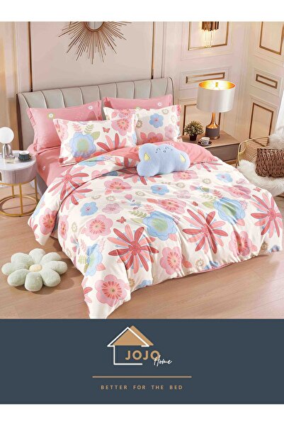 JOJO HOME Bed linen set, fine cotton, with elastic, 6 pieces, 180x200cm, Pink Flowers