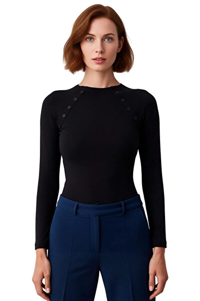 PayBuy Women's Mock Neck Button Detailed Fitted Long Sleeve Knitted Quality Stylish Comfortable Modern Elegant