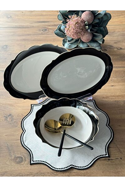 Meri Ev Gereçleri Black Striped Service Presentation Set 3 Pieces