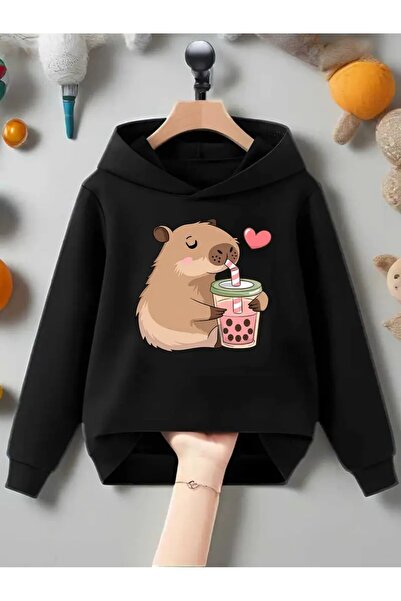 oneagılyazı Sevimli Kapibara & Boba Sütlü Çay Baskılı Kapüşonlu Sweatshirt - ...