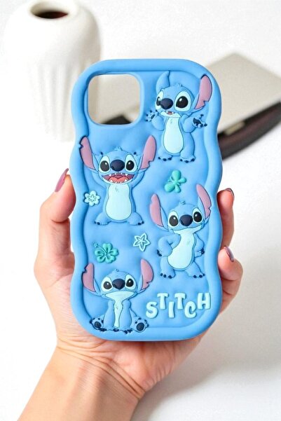 KVK PRİVACY iPhone 14 Plus / 15 Plus Uyumlu Stitch Desenli Kabartmalı Sevimli Silikon Kılıf