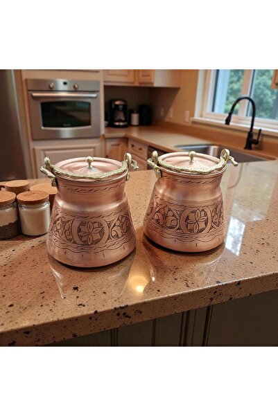 Bakır Center 2 Pieces Set of 2 Mini Copper Bakrach 0.40 Liter Carved Bakrach Spice Container Copper Helke Copper Satıl Helke