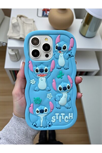KVK PRİVACY iPhone 16 Pro Max Uyumlu Stitch Desenli Kabartmalı Sevimli Silikon Kılıf