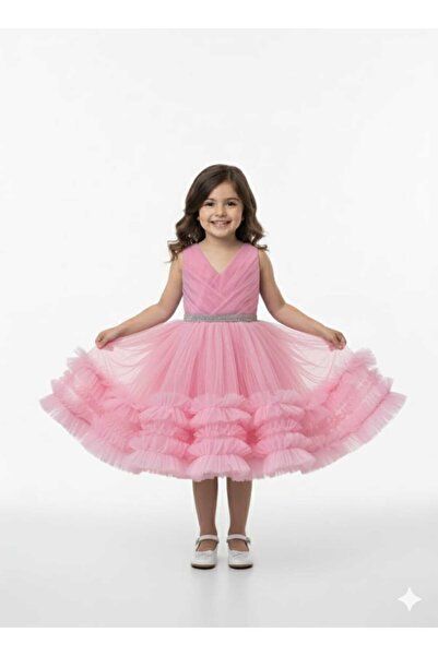 KT PERA BABY Girls' Stone Strap Fluffy Ruffled Special Occasion Evening Dress