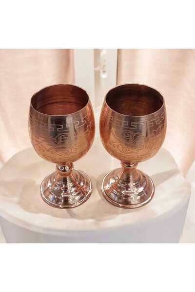 Bakır Center Set of 2 Copper Cups Copper Zamzam Cup 10*5 cm Small Size Footed Cup Laser Engraved Mug