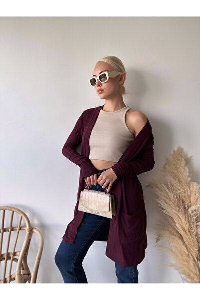 LACHT Women's Burgundy Long Cardigan with Pockets
