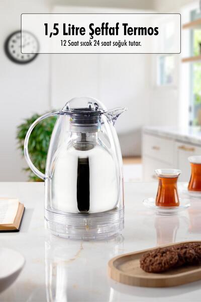 Mustran ترمس شاي وماء بارد معزول حراريًا سعة 1.5 لتر، شفاف (يحافظ على الدفء لمدة 12 ساعة، والجزء الداخلي من الزجاج)