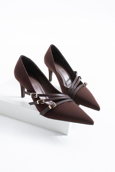 Siena Shoes Arteta Women's Buckle Stiletto Heeled Shoes Brown Satin
