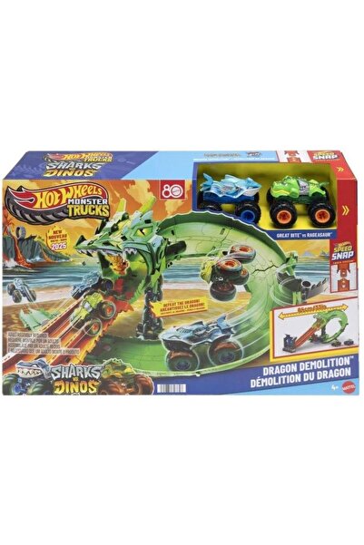 HOT WHEELS Monster Trucks Sharks vs Dinos Dragon Demolition Track Set JFR06