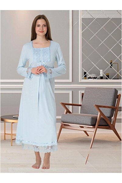 Lohusa Homewear Γυναικείο Μπλε Δαντελένιο Νυχτικό με Λεπτομέρειες Ειδικού Σχε...