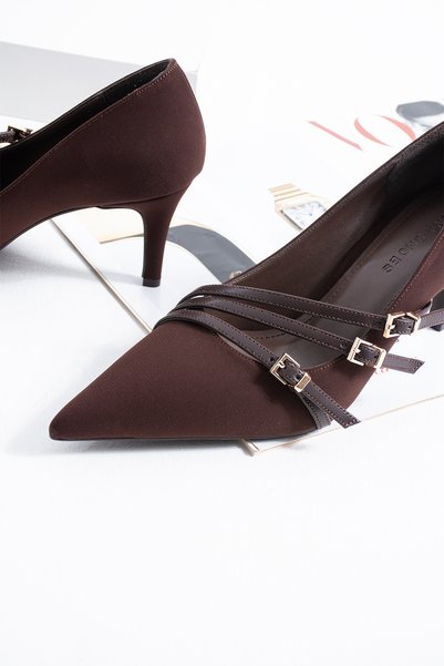 Siena Shoes Arteta Women's Buckle Stiletto Heeled Shoes Brown Satin