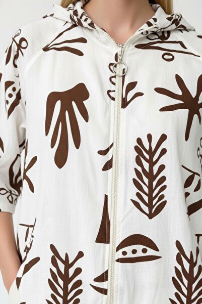 Kübra Tekstil Women's Cream Brown Patterned Zippered Oversized Pocket Hooded Cotton Cardigan-Jacket - Women's Jacket