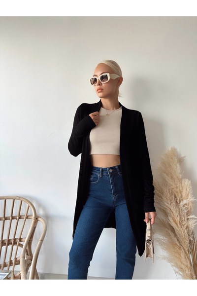 LACHT Women's Black Long Pocket Cardigan