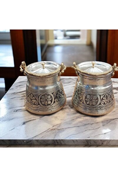 Bakır Center 2 Pieces Set of 2 Mini Copper Bakrach 0.40 Liter Carved Bakrach Spice Container Copper Helke Copper Satıl Helke