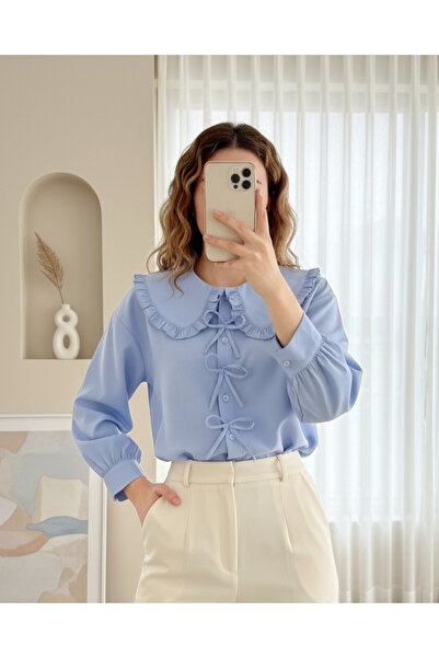 MissRunin Önü Fiyonk Detaylı Bebe Yaka Poplin Gömlek