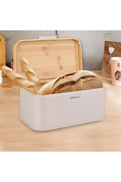 Kinghoff Bread box, beige, with bamboo lid, 30 × 20 × 14 cm,