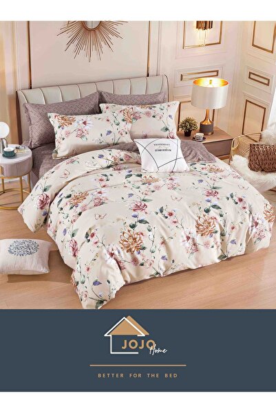 JOJO HOME Bed linen set, fine cotton, 6 pieces, 230x240cm, Cream / Brown with flowers