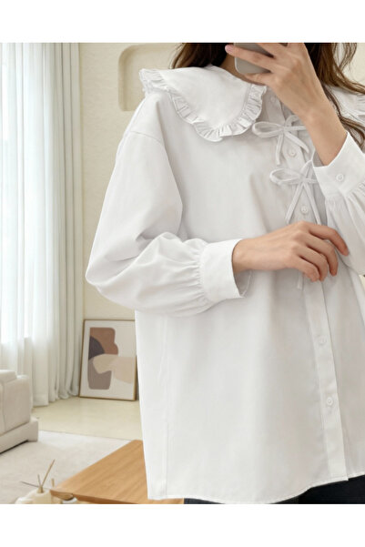 MissRunin Önü Fiyonk Detaylı Bebe Yaka Poplin Gömlek