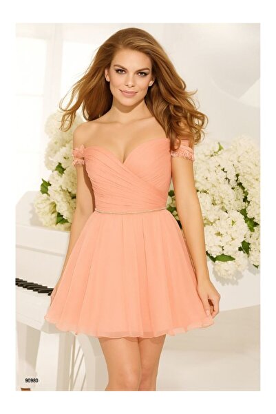 TARIK EDİZ Rochie de ocazie somon scurta baby doll din voal