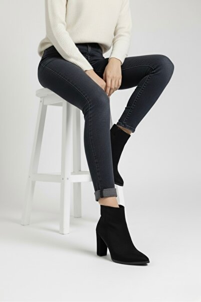 TOPUKSESİM Kaymaz Taban A Kalite Kalın Topuklu Siyah Süet Bot (9 CM )