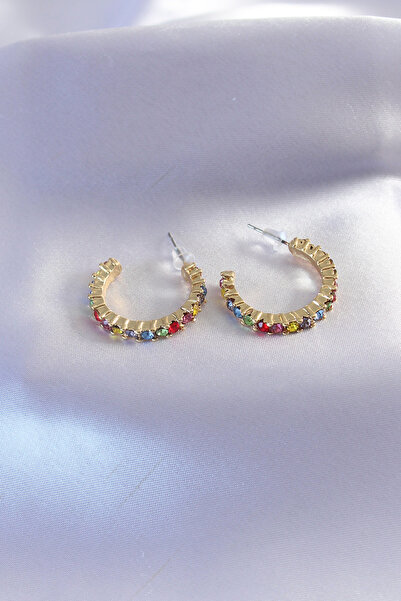 Mustran Gold Color Half Ring Model Colored Crystal Stone Women's Earrings