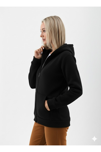 GIYOLA سترة نسائية بغطاء رأس بسحاب مبطن بالصوف خيوط من الصوف الأسود UMAŞ