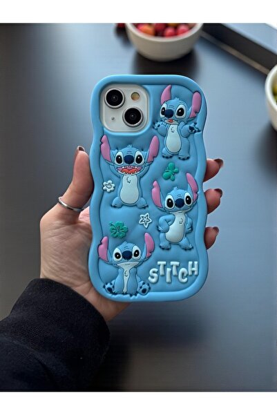 KVK PRİVACY iPhone 14 Plus / 15 Plus Uyumlu Stitch Desenli Kabartmalı Sevimli Silikon Kılıf