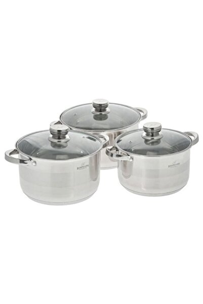 Bohmann Set de oale din oțel inoxidabil, 6 piese - 2,6 l, 3,6 l, 4,5 l, 5 straturi, inducție, capace de sticlă