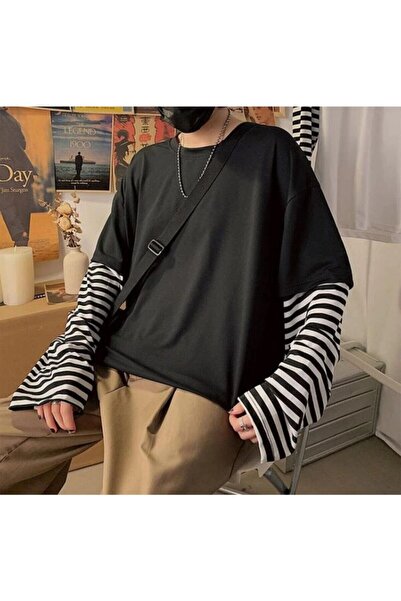 harmony factory oversized Μαύρο μονόχρωμο μπλουζάκι με ρίγες με μακριά μανίκια