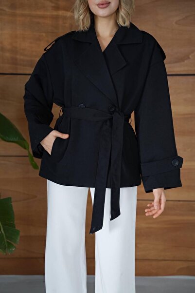 Ekim Store Tek Düğmeli Pelerinli Kuşaklı Trençkot