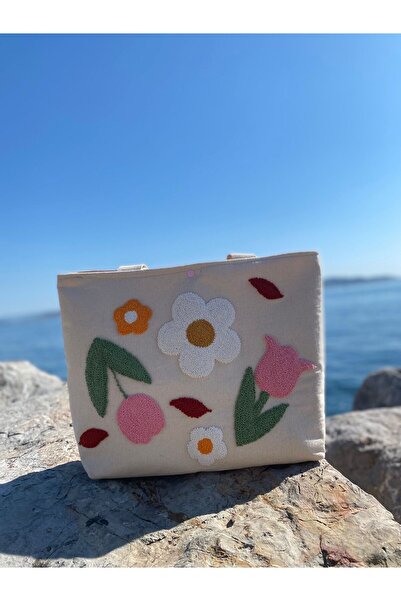 Mavi Düşler Atölyesi Çiçek Desenli - Punch Tekniğiyle El İşi Günlük Çanta