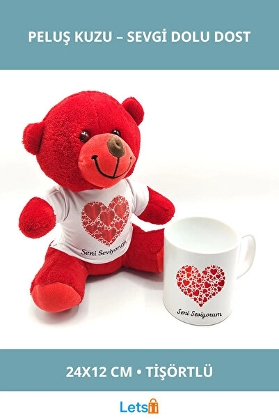 Letsii أحبك مطبوع دمية دب من القطيفة الحمراء وكوب من السيراميك