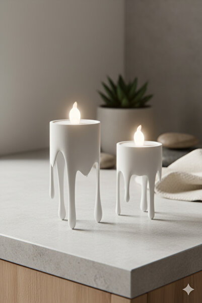 eleganzo Modern Damla Tasarım Beyaz Mumluk Seti Heykelsi Minimalist Dekoratif Şamdan