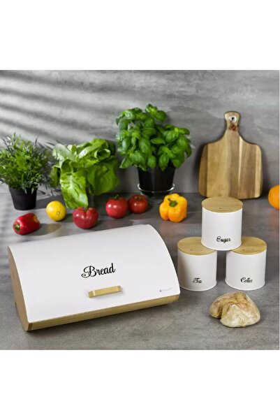 KASSEL Bamboo bread box set with steel lid and 3 kitchen containers, white,