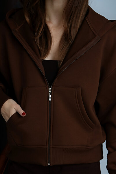 Mogi Butik Women's 3 Thread Fleece Lined Hooded Oversize Sweat Cardigan 3095