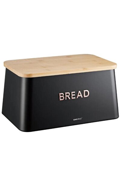 Kinghoff Black bread box, metal, with bamboo lid, 35×23×18cm,