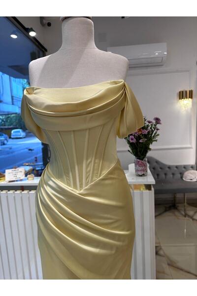 Abiye's TEREYAĞ SARISI SATEN YIRTMAÇLI KORSELİ BÜSTİYERLİ SÖZ İSTEME NİŞAN ABİYESİ