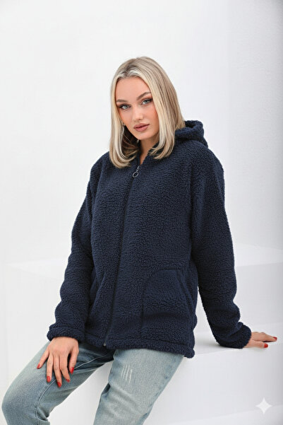 GIYOLA سترة نسائية بغطاء رأس مزودة بسحاب من قماش ويلسوفت الناعم باللون الأزرق...