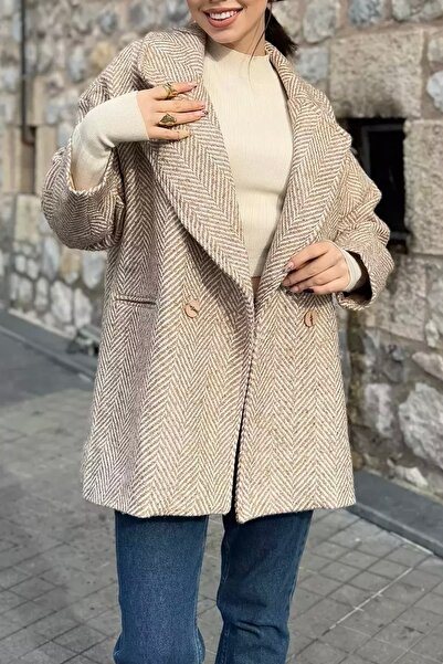 Suziş Camel színű Boucle halszálkás mintás oversize standard méretű kabát 9526