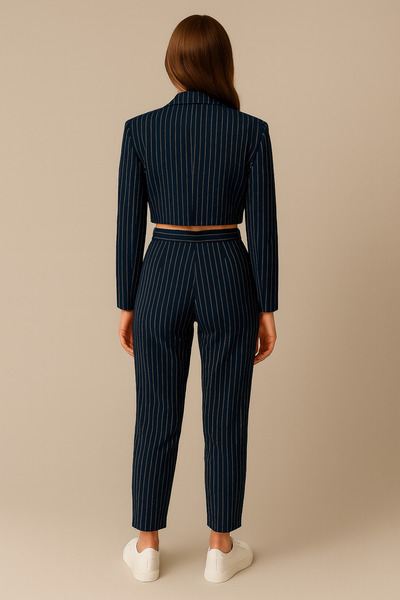 Gökkuşağı Kadın Lacivert Çizgili Cepli Yüksek Bel Kumaş Pantolon