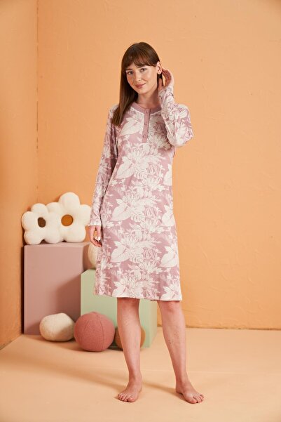 PJS Pink Viscose Nightgown - Placketed Collar Patterned Long Sleeve
